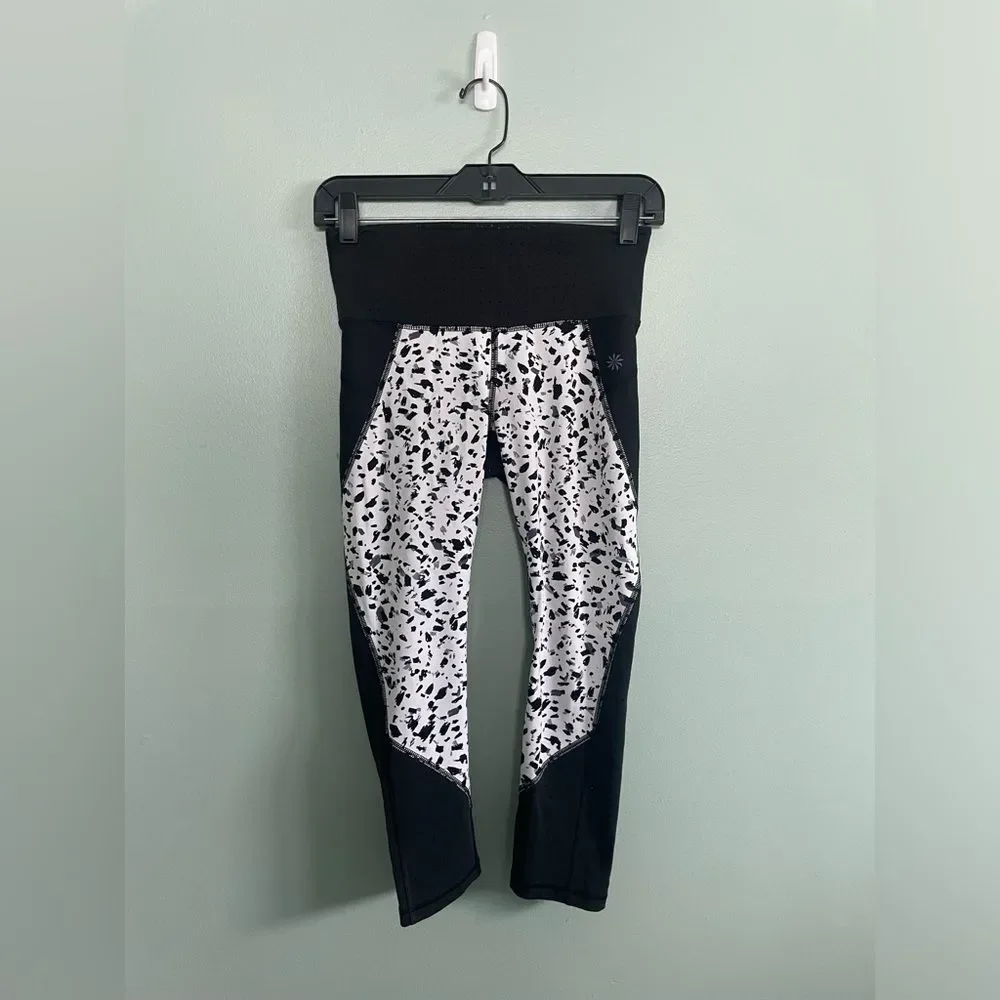 Athleta Black White Speckled Midi Thigh Yoga Athletic Legging Pant SZ XS